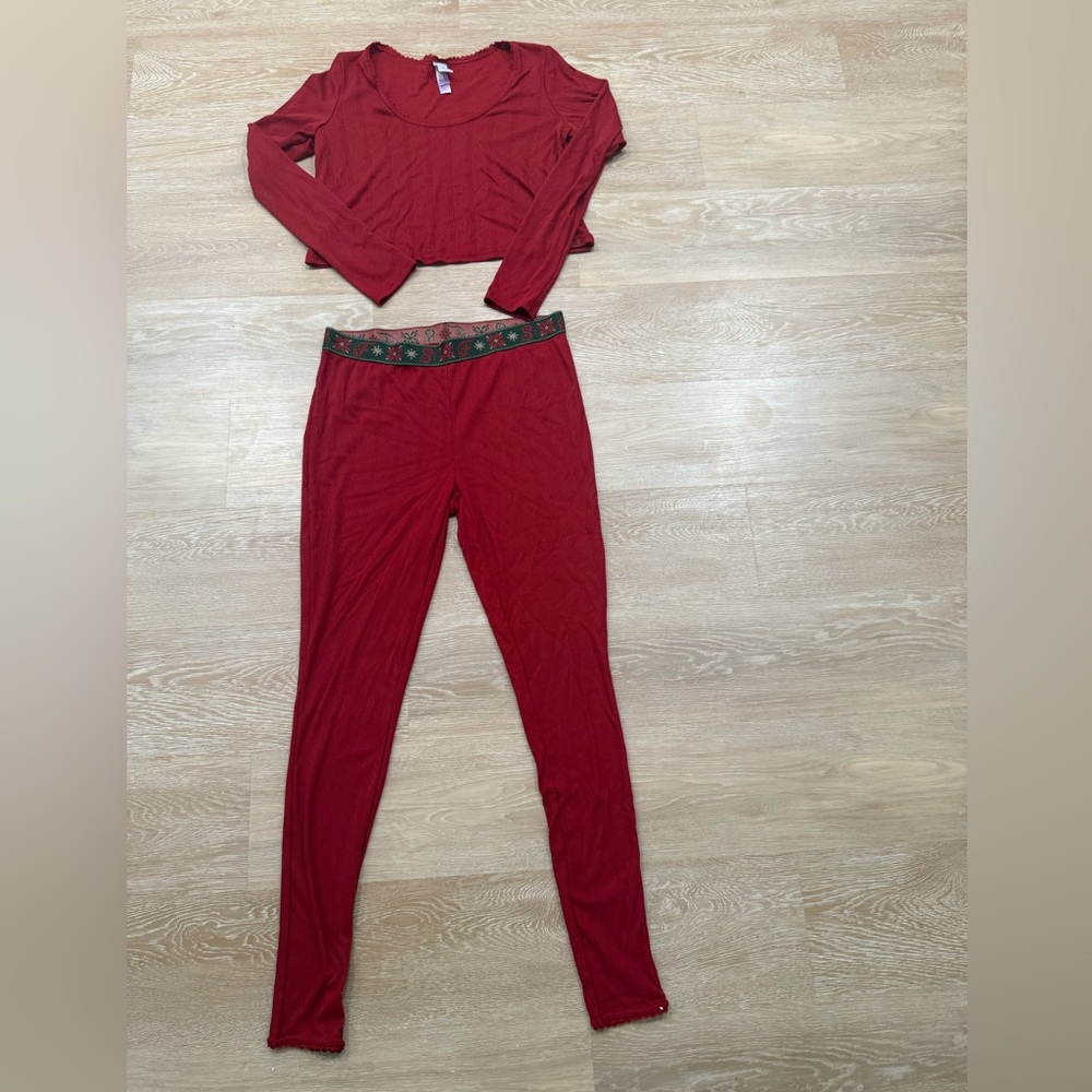 Savage FENTY Red Women's High-Waist Lounge Pants with cropped long sleeve shirt